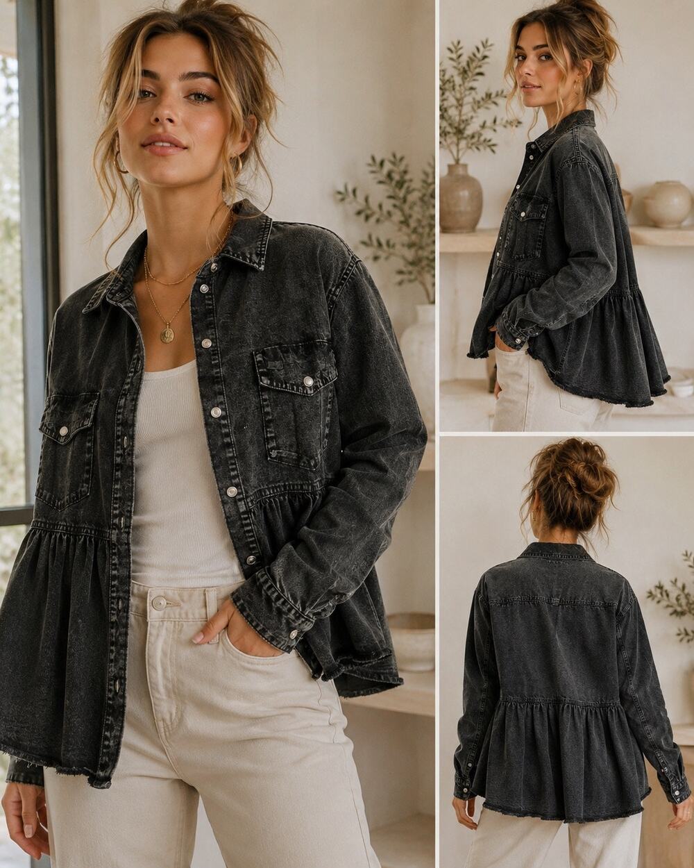 Free People We The Free Washed Black Oversized Peplum Denim Shacket Jacket XL